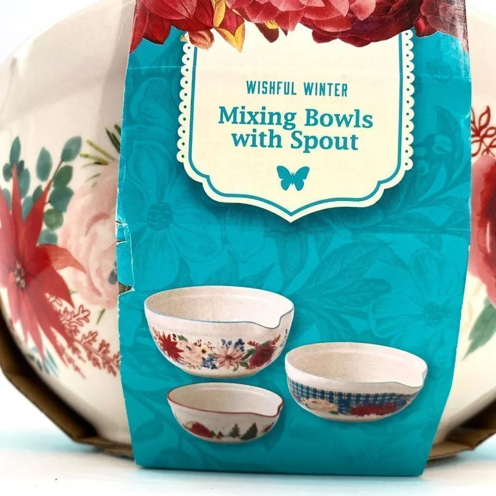 Pioneer Woman Wishful Winter Mixing Bowls With Spout Set New